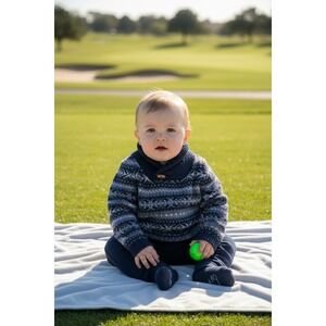 Rorie Whelan Sweater Toddler Boys 3T Navy Blue Fair Isle Shawl Collar